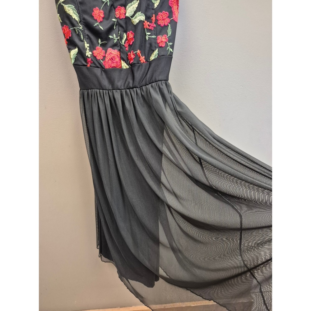 Floral Embroidered Mesh Midi Dress Black Rose Garden Party Summer Wedding Guest